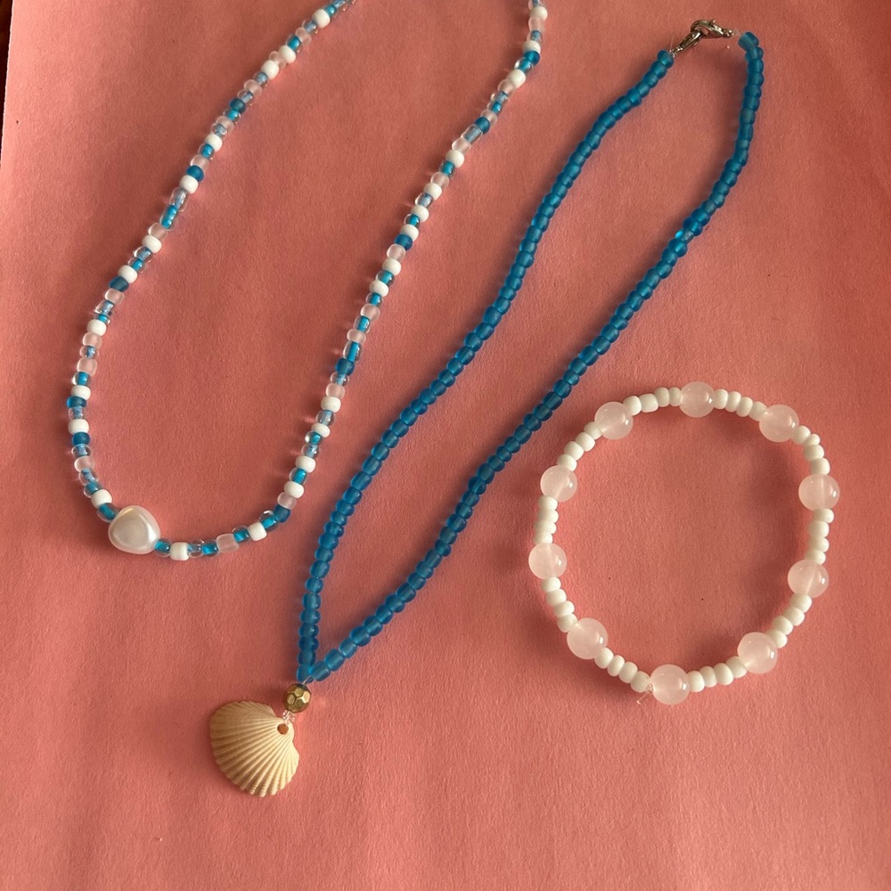 Blue and White Beaded Necklace and Bracelet Set